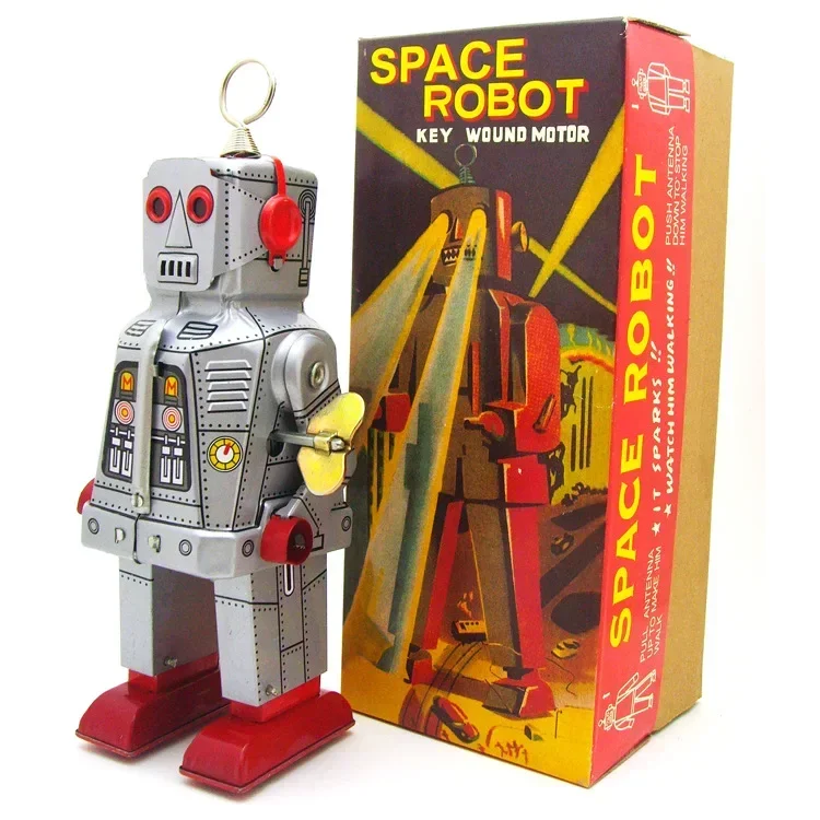 [Funny] Classic collection Retro Clockwork Wind up Metal Walking Tin Space robot key wound motor toy Mechanical christmas gift