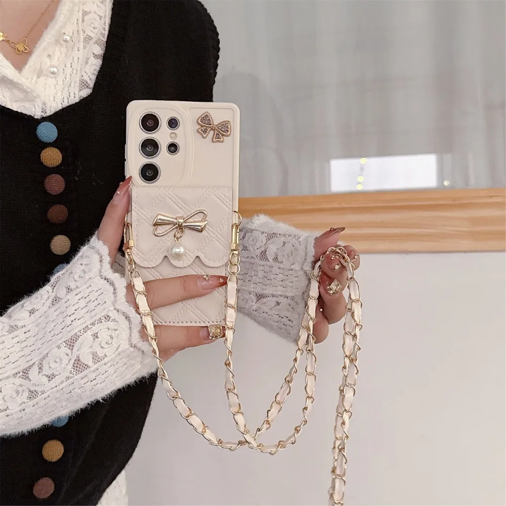 3D Bowknot Crossbody Card Holder Wallet Phone Case For Samsung Galaxy S25 Ultra S24 S23 S21 S20 FE S22+ Plus Note 20 Soft Cover