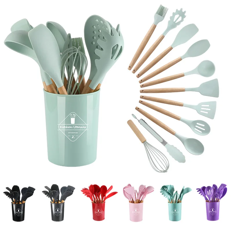 

12PCS Silicone Kitchen Cooking Utensils Set Non-stick Cookware Spatula Shovel Egg Beaters Wooden Handle Kitchenware Accessories