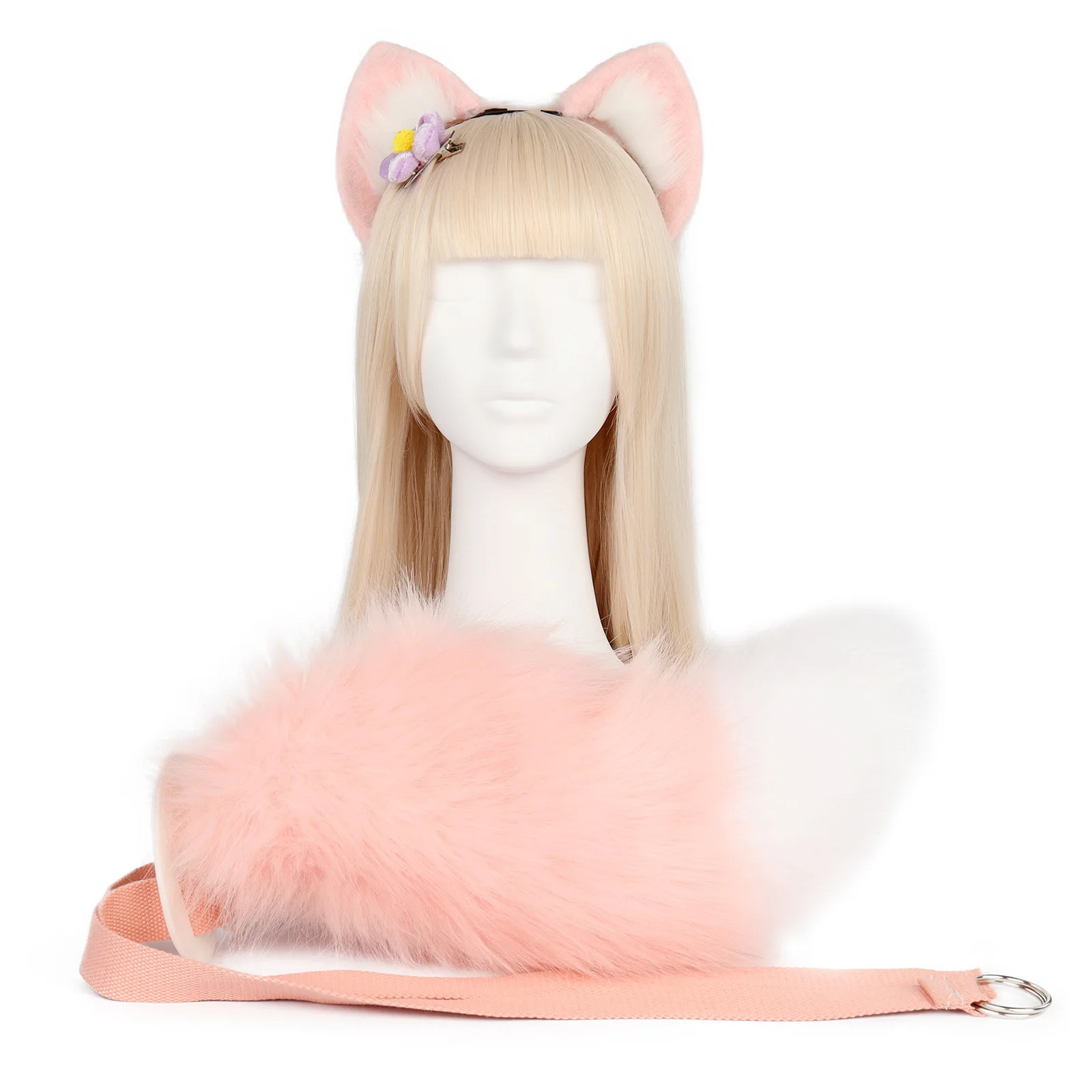 Vêtements de sauna oreilles de renard rose Kawaii, queue d'animal à fourrure, accessoires de costume d'Halloween, bande de sauna pour animaux de compagnie, accessoires de costume Cosplay Anime, 60cm