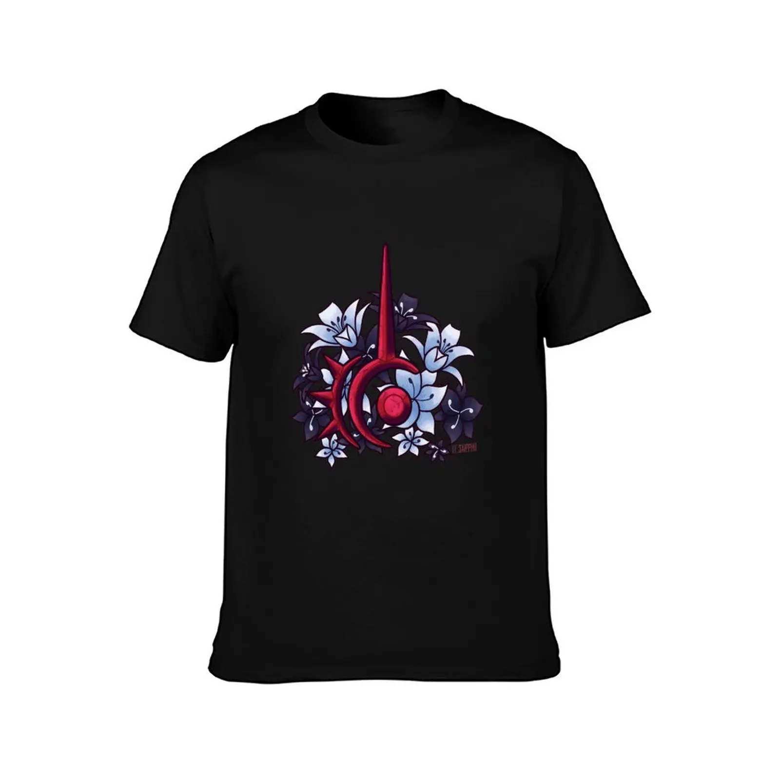 FFXIV Red Mage Job Symbol with Flowers T-Shirt Casual Soft Cotton Short Sleeve Tee view 2
