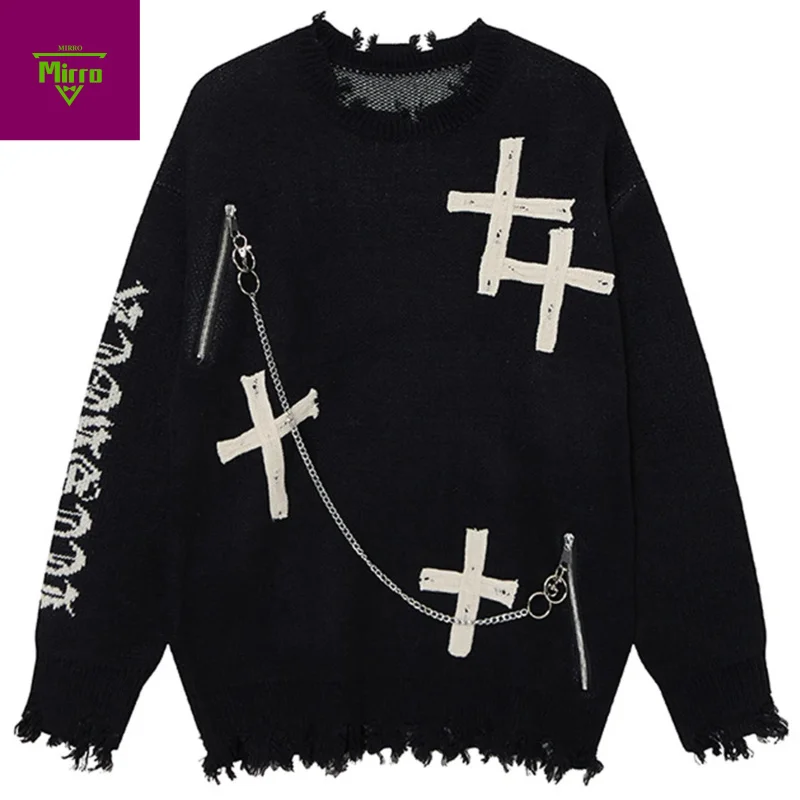 

Свитера в готическом стиле в стиле панк, потертые свитера большого размера, уличная одежда, свитера в стиле Харадзюку в стиле хип-хоп с цепочкой, джемпер Y2K