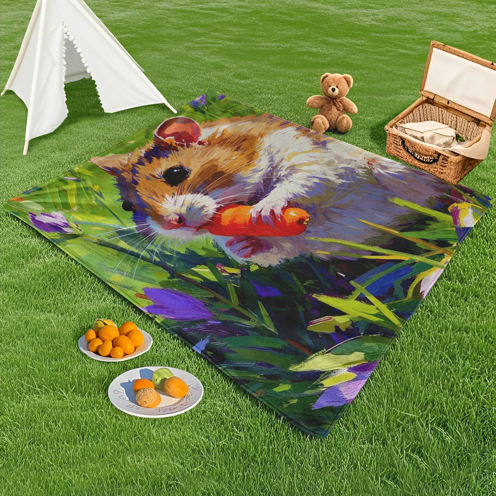 Realistic Hamster Eating Carrot Design Outdoor Blanket For Picnics Camping And Beach Days Warm