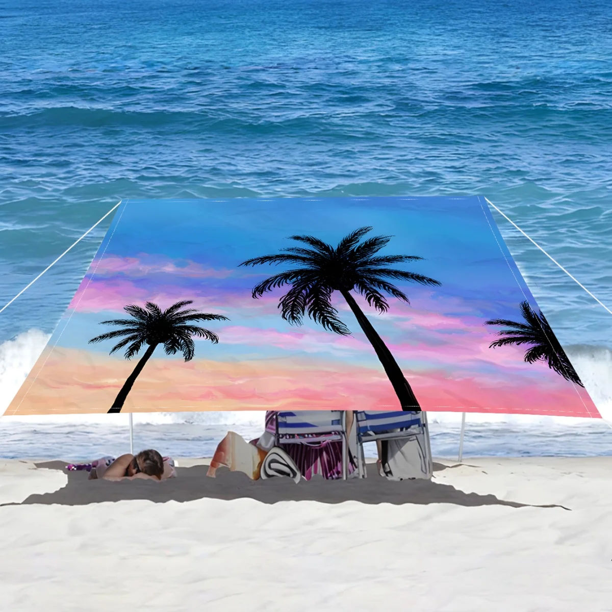 

1 шт. Уличный утолщенный водонепроницаемый тент-навес с дизайном «Пальма на закате», боковая стенка для палатки, навес для сада, патио, перголы, пляжный тент-навес от солнца с бесплатной веревкой (подставка не входит в комплект)