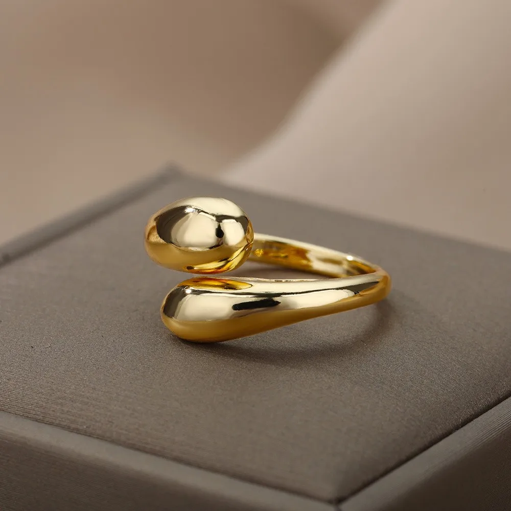 Stainless Steel Minimalist Rings For Women Trend Gold Color Smooth Double Ball Beads Open Rings Aesthetic Jewelry Couple Gifts