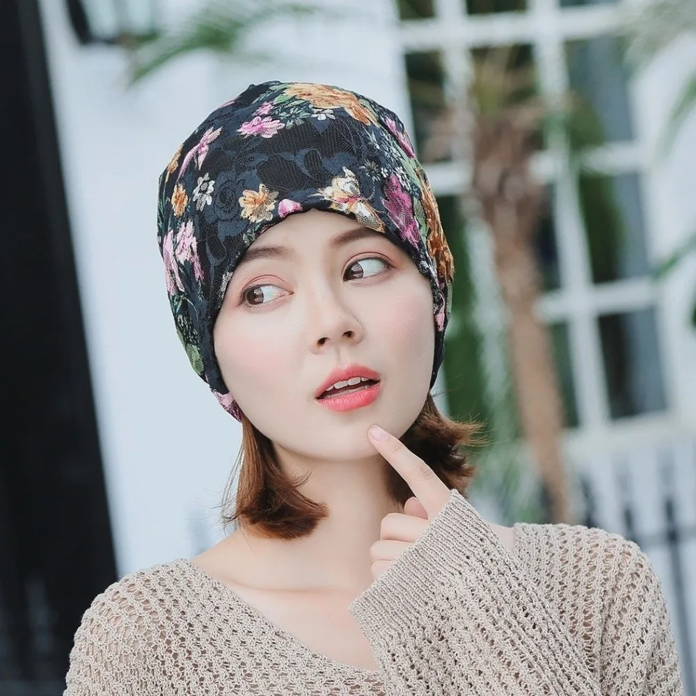 Headwear Hats Floral Pattern Floral Lace Beanie Comfortable Breathable Chemo Cap Soft Stretch Slouchy Turban Fashion Accessory
