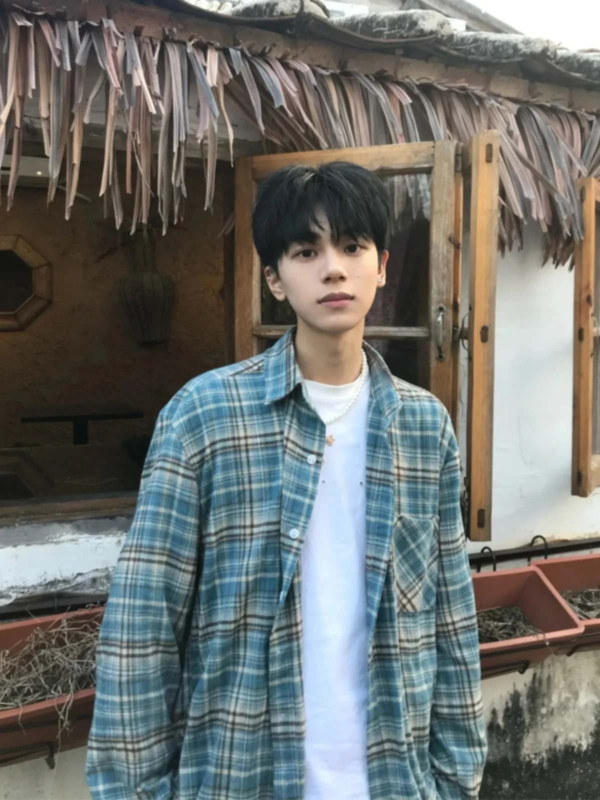 

Blue Plaid Spring irt Men's Spring Autumn Oversize Long Sve Base Layer Vintage Hemline Premium Feeling Casual irt