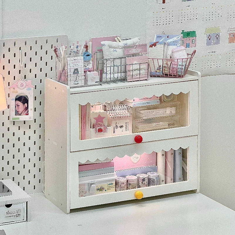 Cream Style MDF Desktop Shelf  Flip Top Storage Box for Pens & Stickers Layered Organizer for Table Side Notebooks