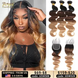 Ombre Color Body Wave Human Hair Bundles with closure Brazilian  human hair 1b/4/27 Hair Weave Bundles human Hair Extension