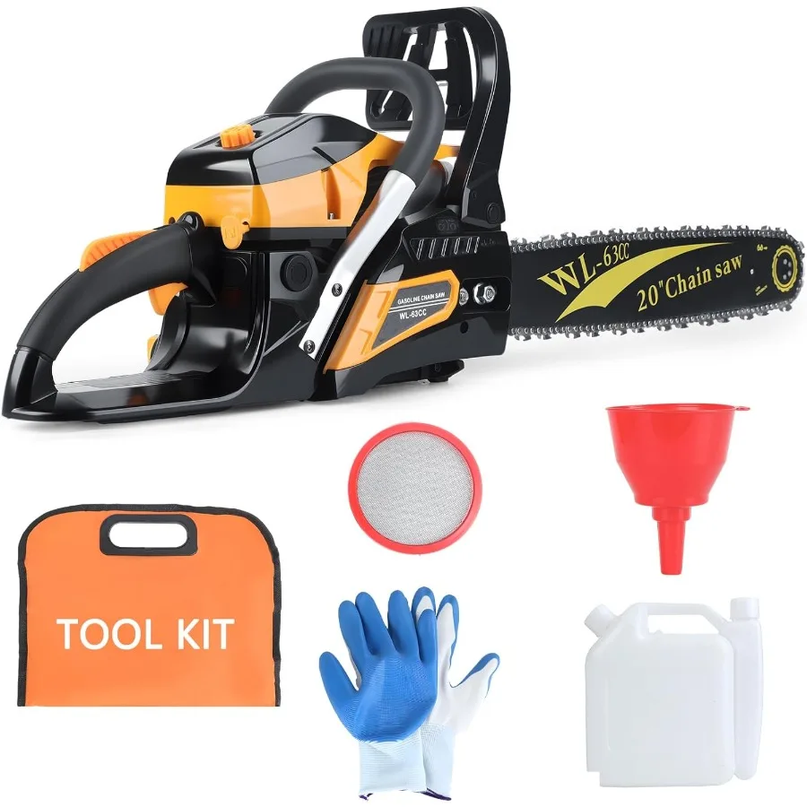 Gas Chainsaw 20 Inches 63CC Cordless Chain Saw with Gas Power for Efficient Wood Cutting and Tree Trimming in Outdoor Landscapi