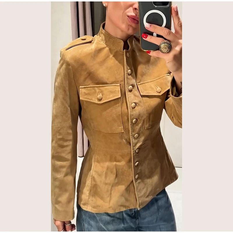 2026 Herbst Vintage Einreihige Jacken Damen Einfarbig Stehkragen Taschen Langarm Mantel Damen Freizeit-Oberbekleidung – Detail 6