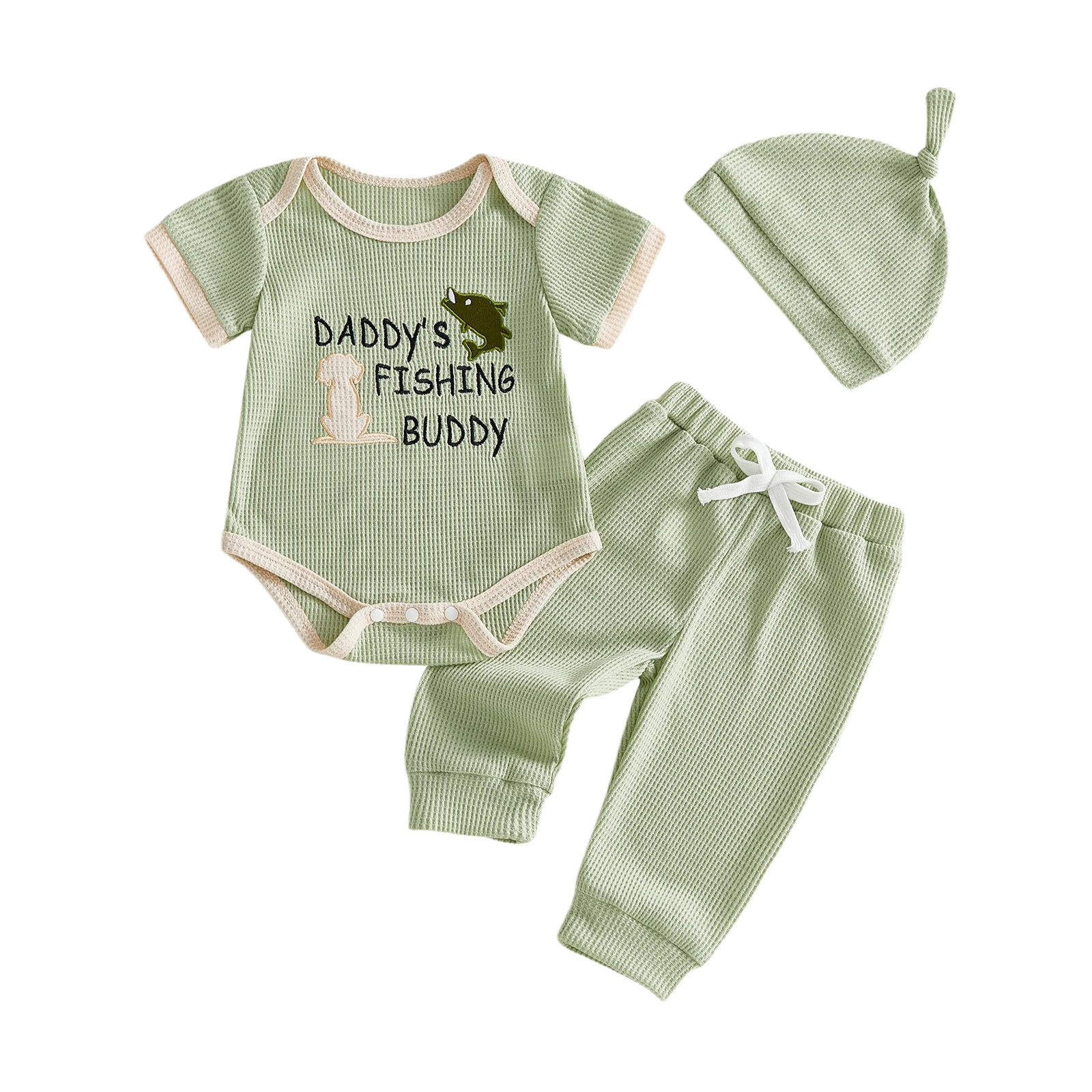 

3Pcs Infant Boy Girl Outfit Summer Crew Neck Short Sleeve Animal Letters Embroidery Romper Elastic Waist Pants and Hat