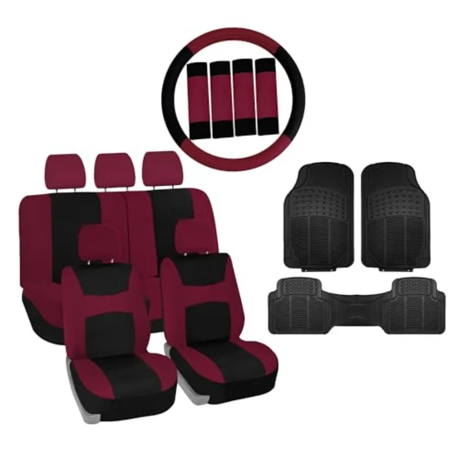 

Light and Breezy Cloth Full Set Car Seat Covers / Combo Set: Steering Wheel Cover Seat Belt Pads and Vinyl Floor Mats Universal