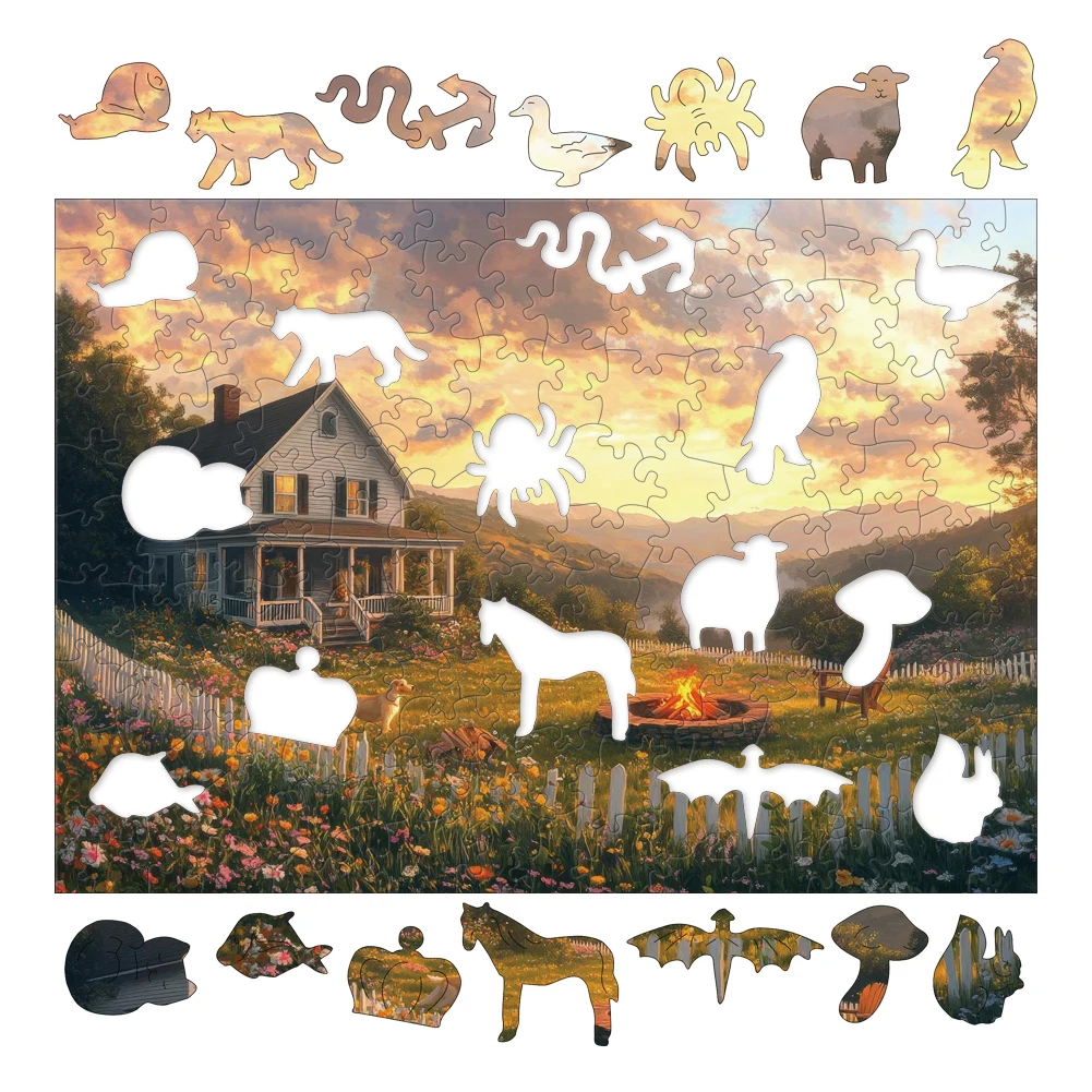 居心地の良いコテージ、焚き火、夕日、風景を描いたカスタム形状の木製ジグソーパズル、動物の奇抜なピース付き、ユニークな大人向けギフトアイデア