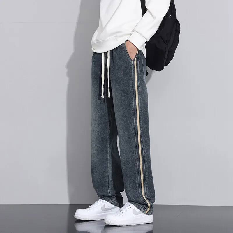 Trendy 2025 Spring Autumn Men's Striped Cotton Denim Pants Casual Jeans Drawstring Trousers Youth Streetwear Straight Leg Pants