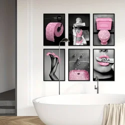 6PCS Frameless Toilet Poster Fashion Pink Woman Bathroom Wall Decor Prints Glitter Tissue Paper Canvas Black and Pink Wall Art