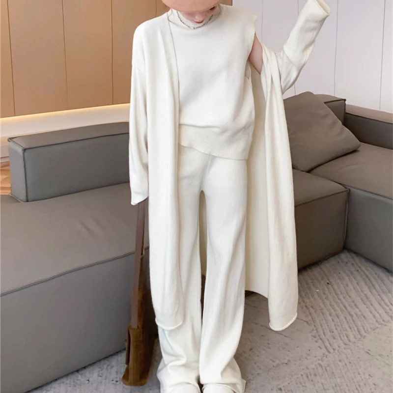 2024 Winter Knitted Trousers Clothing For Woman Outfits Office Ladies Elegant Solid Knitted Vest+long Cardigan+wide Leg Pant Set