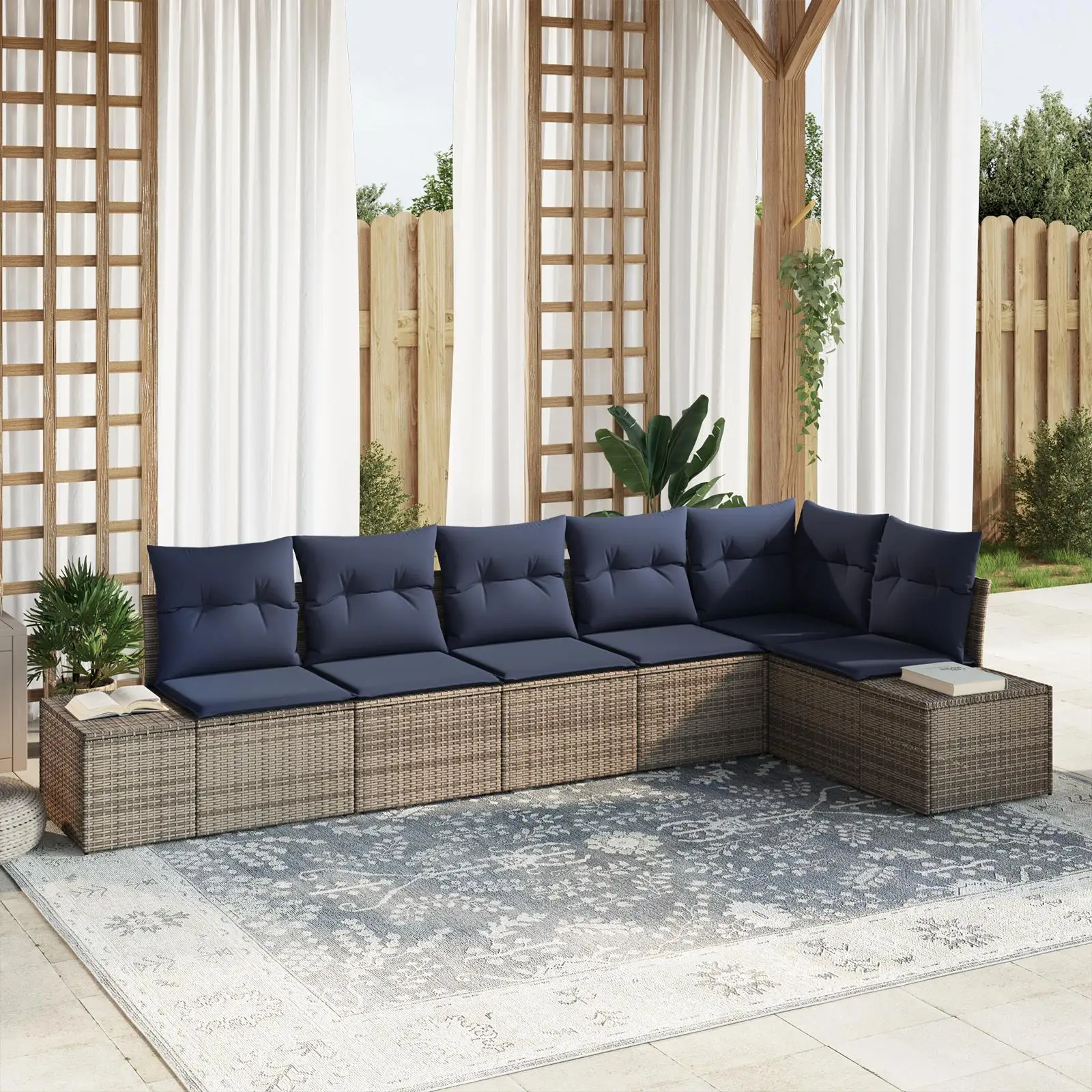 

Light Grey Poly Rattan 7 Piece Garden Sofa Set with Cushions Outdoor Furniture Comfort Relaxation