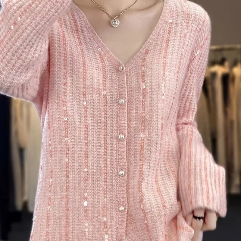 Women V Neck Hollow Knit Cardigan Sparkling Sequin Loose Long Sleeve Single Breasted Casual Sweater Outerwear