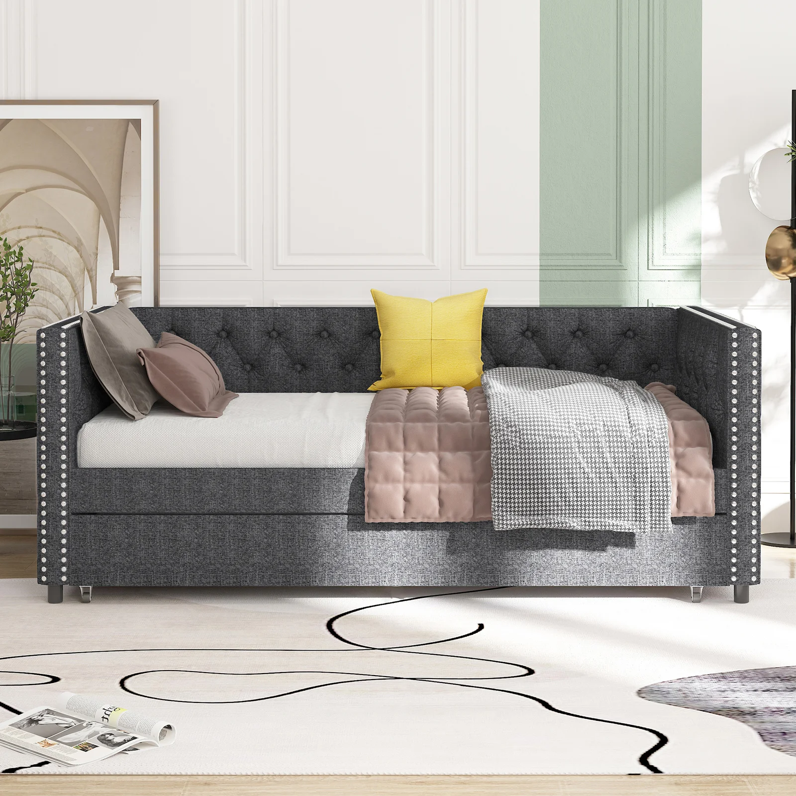 HORGAEO Daybed with Trundle, Space Saving Pull Out Sleeper Sofa Bed, Button Tufted Couch Bed with Riveted Design