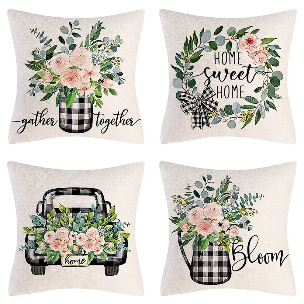 Bloom Decorative Linen Spring Summer Buffalo Plaid Pillow Covers Farmhouse Cushion Covers Throw Pillow Covers for Sofa