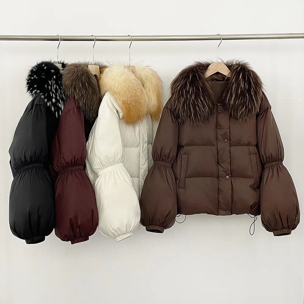 

Winter Detachable Natural Fur Collar Short Down Jacket Female Zipper Warm Quilted Jackets Women White Duck Down Parker Outwears