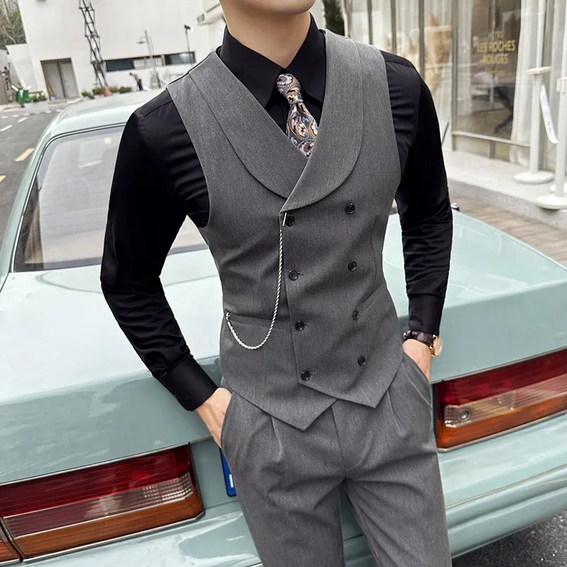 ( Vest + Pants) Men Luxury Double Breasted Design Suit Vest 2 pieces Formal Groom Wedding Dress Vest Set Fashion Club Clothing