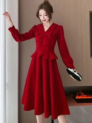 Female Red Velvet Chic Ruffled Elegant Long Dress Bow Collar Luxury Dress for Wedding Women 2024 Korean Vintage Evening Vestidos