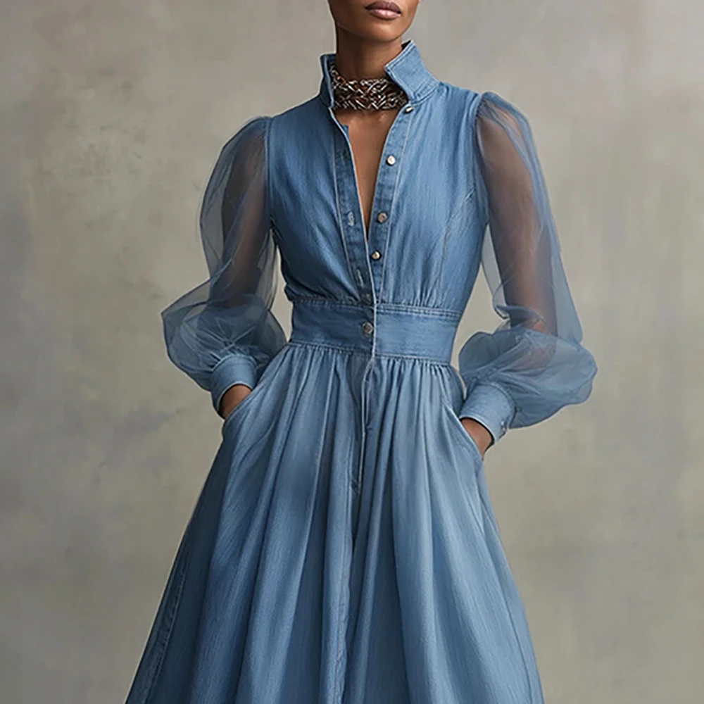 

Women's Denim Mesh Patchwork Midi Dress Lapel Collar Single-breasted Sheer Long Sleeve Pocket Chic Female Elegant Long Dresses