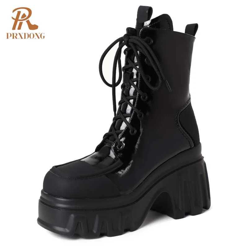 XWhatsApp G-Chaussures à talons hauts en cuir véritable pour femmes, chaussures punk à lacets, bottes de rinçage décontractées pour dames, plate-forme optique, noir et blanc, magasin, nouvelle marque, 2024