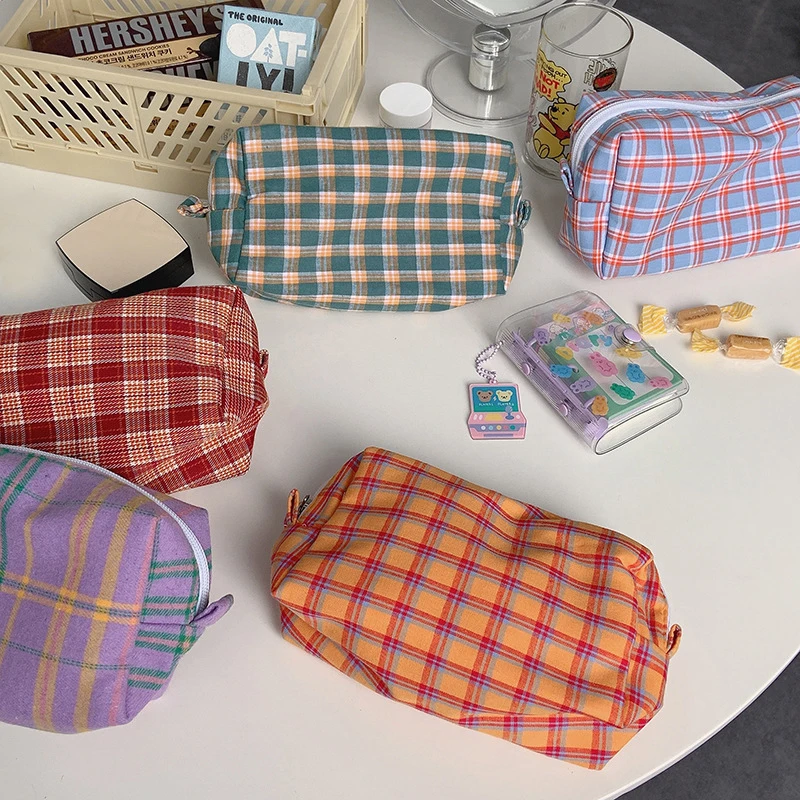 Sweet Cute Color Retro Plaid Cosmetic Bags Pencil Case Large Capacity Portable Girly Storage Bags Makeup Pouch Toiletry Bag Gift