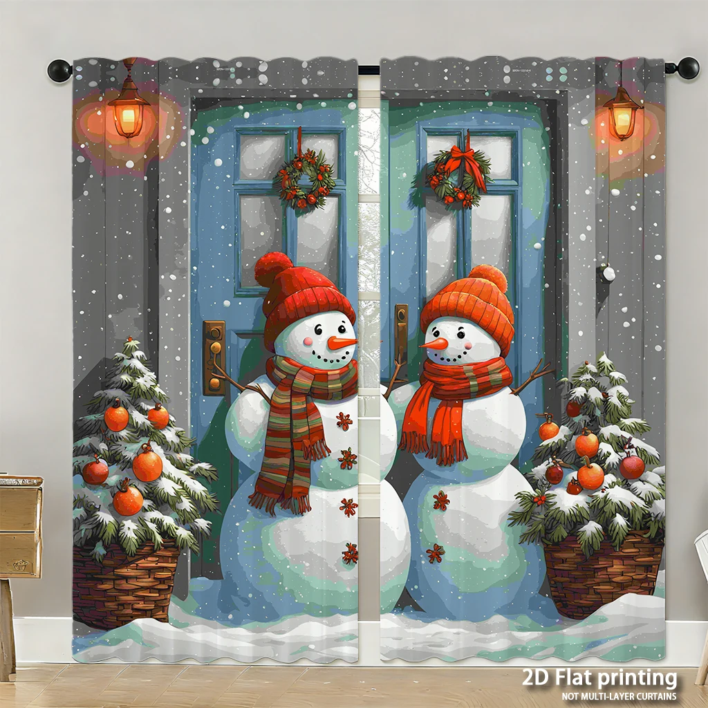 

2-piece set of high-definition digital printed curtainswinter scene snowmen red hats scarves orange trees door wreaths snowflake