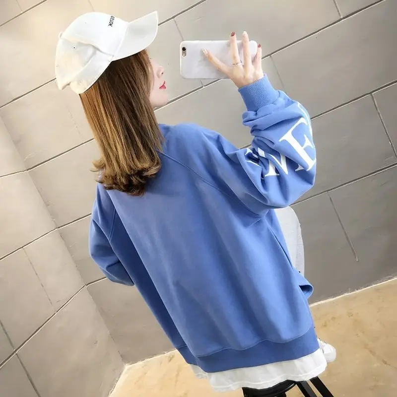 Autumn Winter All-match Loose Letter Embroidered Lantern Long Sleeve Women\'s Clothing Round Neck Pullover Office Lady Tops