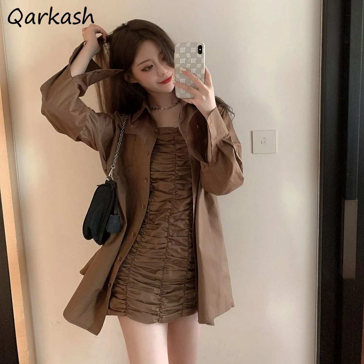 

Women Sets Solid Mini Bodycon Dress Long Sleeve Shirt Summer Leisure Feminine Design Korean Style Soft Fashionable 2 Pcs Simple