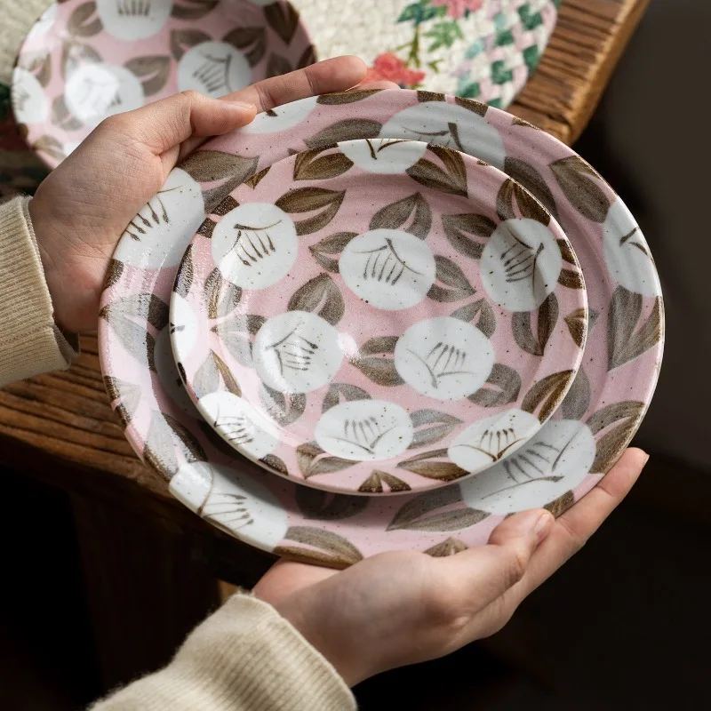 Japanese-Style Pink-Shino Vintage Camellia Bowl & Plate Set, Underglaze Veggie Plate, Breakfast Dish, Bone Plate