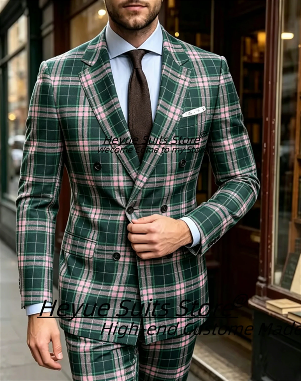 Korean Style Fashion Plaid Men Suits Customized Slim Fit Double Breasted Groom Wedding Tuxedos 2 Pcs Sets Male Evening Blazers