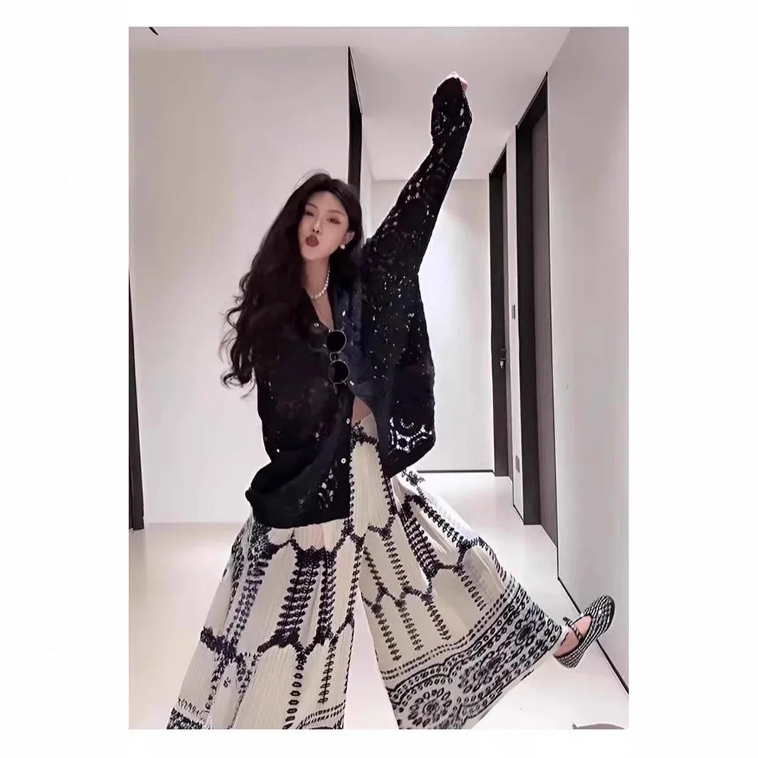 مياكي مطوي السراويل واسعة الساق للنساء نمط العرقية المألوف ومتعدد الاستخدامات المطبوعة عالية الخصر تدلى سراويل تقليدية