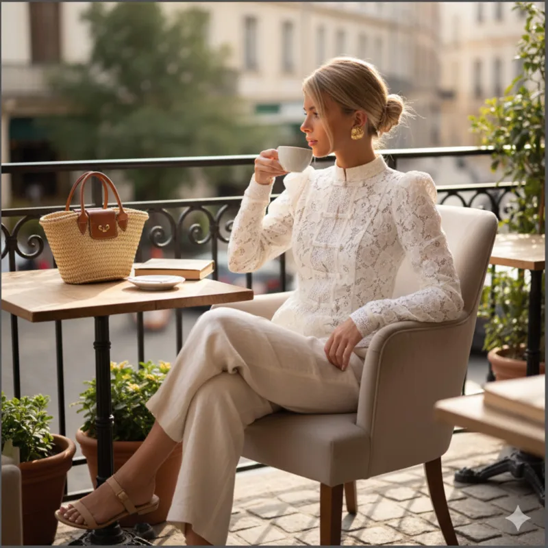 

Elegant Women Lace Shirt Long Sleeve Slim Fit Stand Collar Button Top Breathable Fabric For Office Commute Party Daily Wear Soft