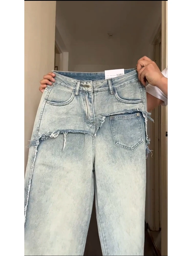 Retro High Street Wide Leg Denim Jeans Women's Spring Autumn Frayed Large Size Loose Straight High Waist Floor-Length Pants