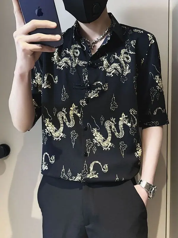 

Новый китайский Sle Ice Silk ort Sve для мужчин irt, лето 202, модный повседневный тонкий легкий свободный крой с принтом на пуговицах