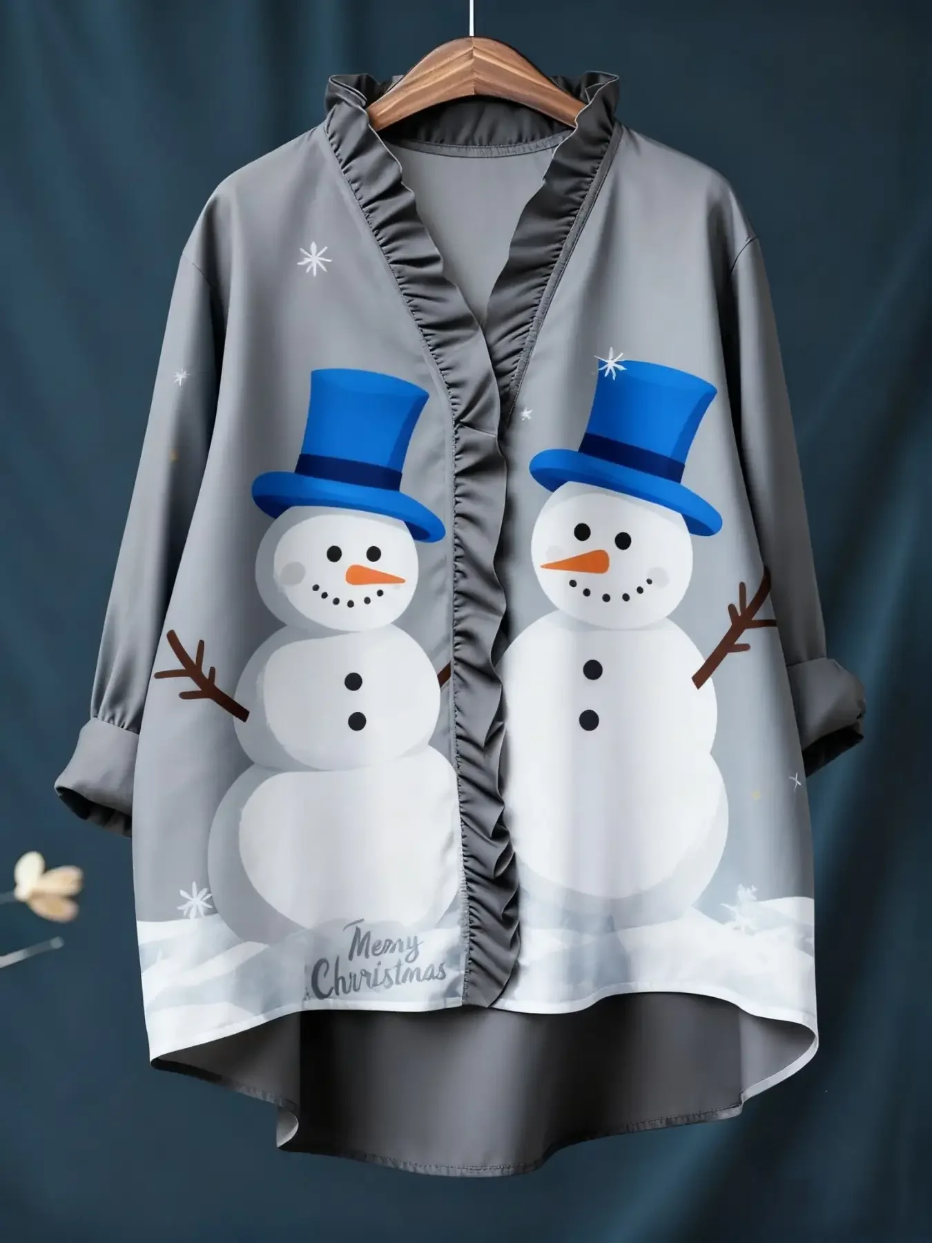 

2026 new women's Christmas digital printed long sleeved shirt with ruffled collar, Machine washed spring and autumn tops