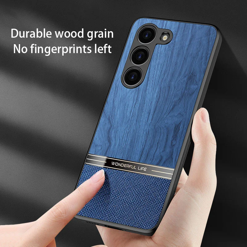 

Luxury Plain Leather Wood Grain Phone Case For Samsung Galaxy S21 S22 S23 S24 Plus Ultra Acrylic Fine Hole Shockproof Back Cover