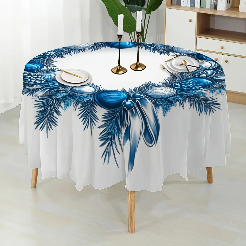 1 blue Christmas crown ornament, family dining table round table towel design, small table for holidays and daily meals