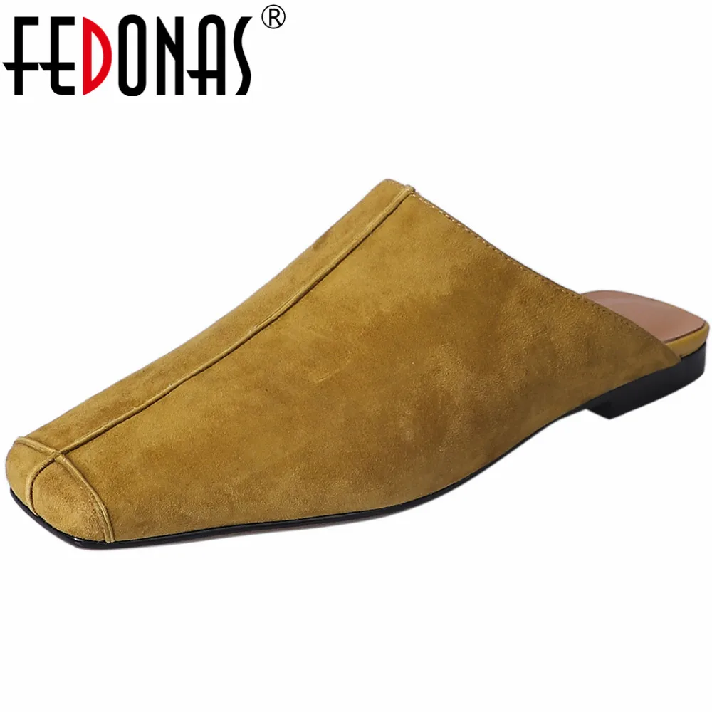 FEDONAS 2024 New Women Pumps Low Heels Square Toe Slippers Genuine Leather Retro Style Casual Working Shoes Woman Spring Summer