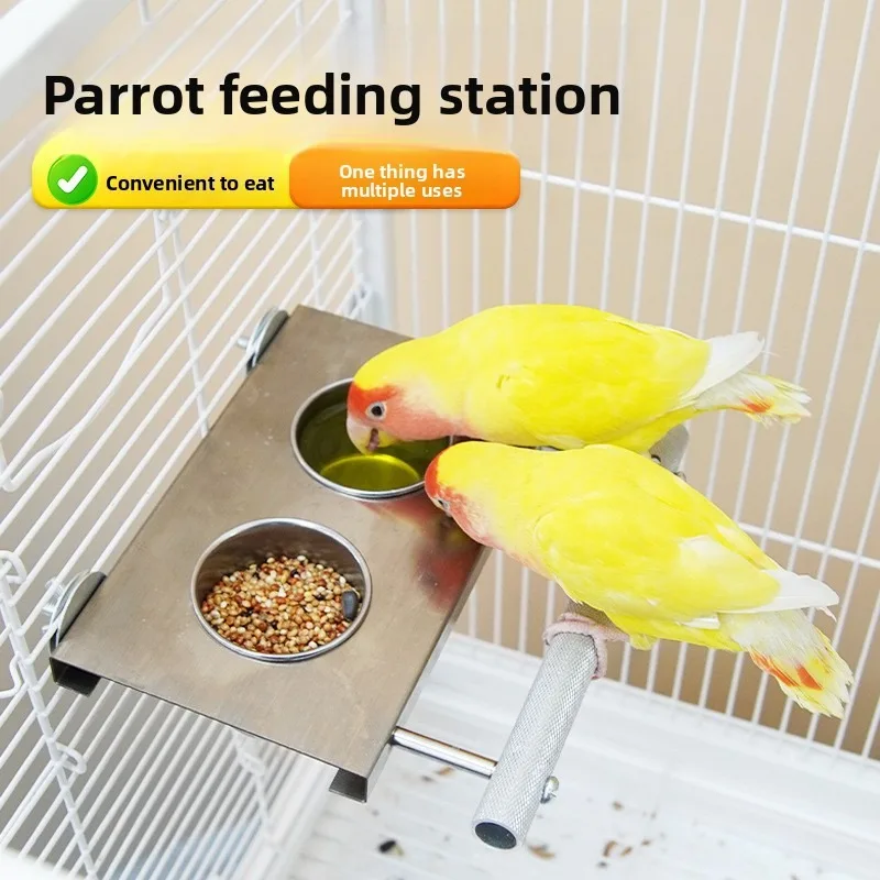 

Stainless Steel Bird Feeder Double Bowl Water Cup Parrot Stand Perch Cockatiel Sun Conure Cage Feeding Station Pet Supplies
