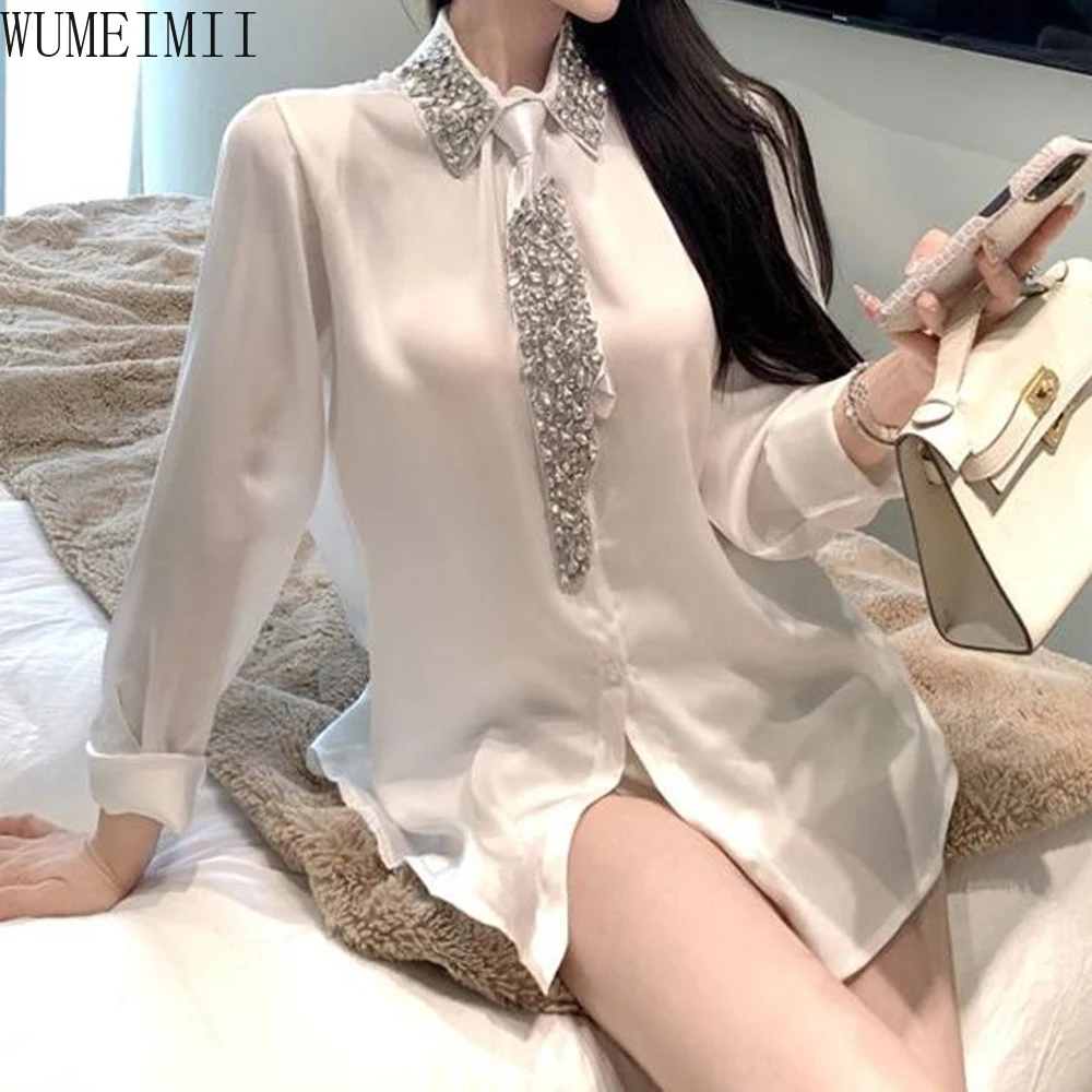 2025 spring new diablo granular rhinestone beads tie heavy industry satin shirt  women tops blouse