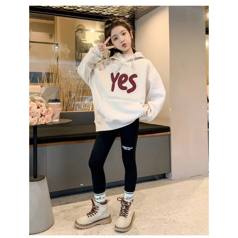 

Children Hooded Printed Letter Girls Solid Full Sleeves Pullover Short Hoodies Plus Velvet Thicken Warm Autumn Winter Warm Tops