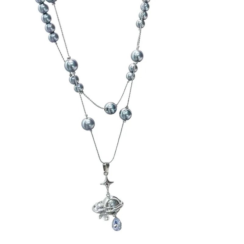 

Spaceship pendant, gray pearl necklace, women's niche design sense, premium collarbone chain accessories, sweater chain,