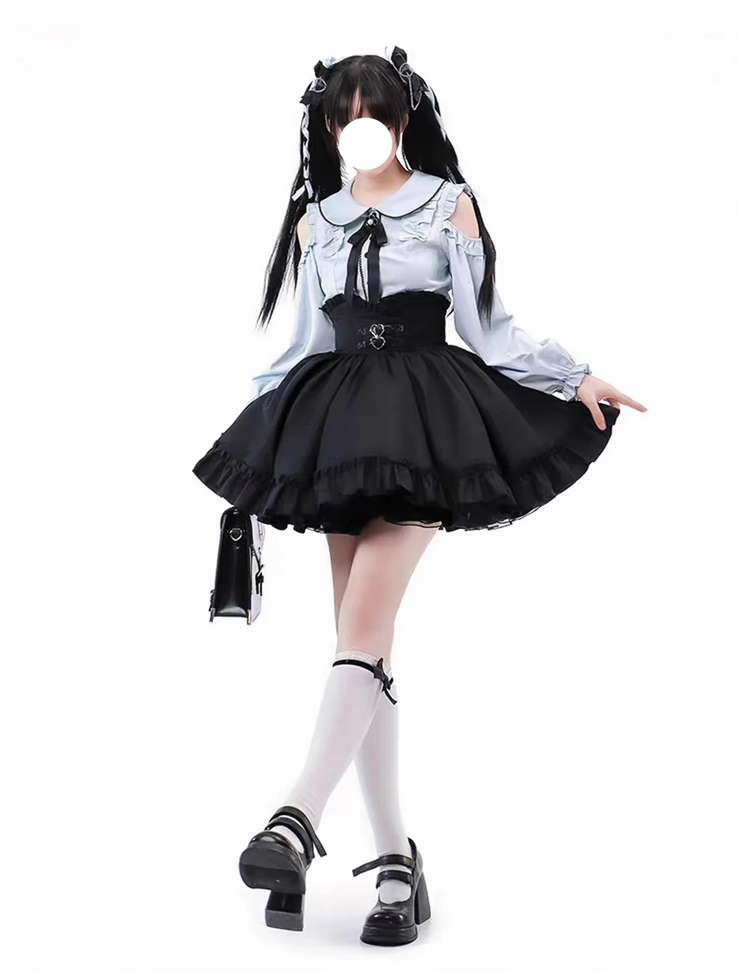 

Sweet and Cute Doll Collar Off-Shoulder Long-Sleeve Shirt Top and Waist-Cinching Skirt Two-Piece Set for Petite Women in Autumn