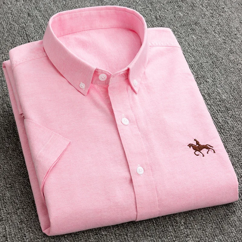 Plus Size S-6 XL Men's Long Sleeve Embroidery Horse Casual No Pocket Solid Yellow Dress Shirt Men's 100% Cotton Oxford Shirt